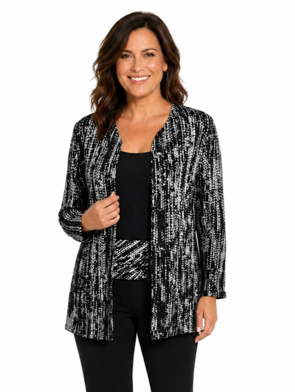 Jessica Howard Black & White Sequin Jacket w/Black Tank Matching Belt Set, Sz 12